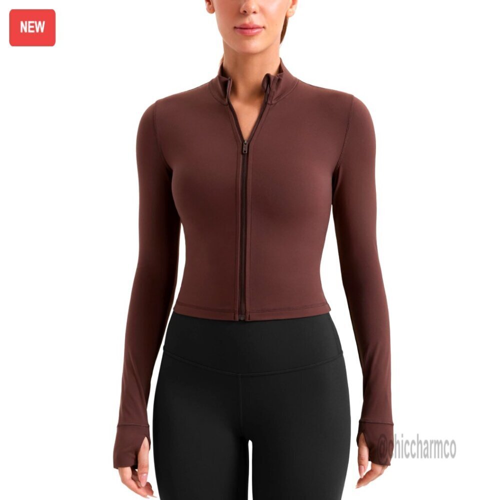 Cropped Athletic Jacket Full Zip Track Top Thumb Holes Pockets Slim Fit